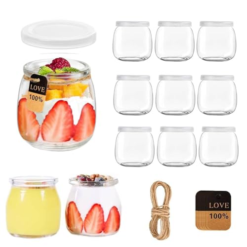 200 ml Durchsichtige Joghurtgläser mit Deckel (12 Stück), Mehrzweck-Nachtischgläser für Marmelade, Honig, Desserts, Kerzen, Spülmaschinen-, Gefrierschrank- & Mikrowellenfest,mit Seil und Anhänger