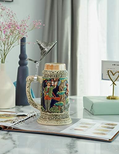 Amoy-Art Beer Stein Mug German Hunting Stanley Viking Drinking Mug with Lid for Man 0.6Liter