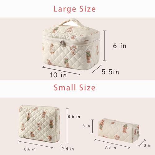 3 Pcs Quilted Cotton Makeup Pouch, Coquette Floral Quilted Toiletry Makeup Bag for Women and Girls, Aesthetic Travel Organized Cosmetic Bags(03Bear Pattern)2