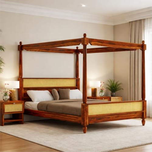 Image of Sheesham Wood Poster Bed King Size | Solid Wood Poster Bed Cot Wooden Double Bed Furniture for Bedroom Home and Hotel | Wooden Palang Divan (Natural Finish)