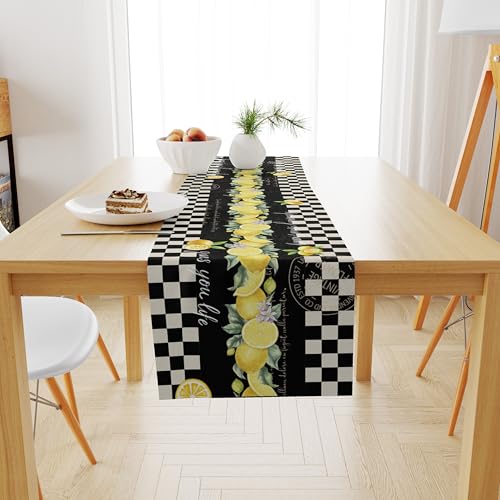 Image of Lemon Table Runner 13 inchx72 inch - Italian Style Black White Checkered Kitchen Table Decor with Yellow Lemons and Floral Print - Rustic Vintage Dining Room or Summer Party Decoration