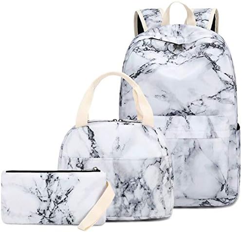 LEDAOU Backpack for Teen Girls Bookbag School Backpack Set with Lunch box and Pencil Bag Marble