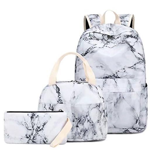 LEDAOU Backpack for Girls School Bag Kids Bookbag Teen Backpack Set Daypack with Lunch Bag and Pencil Case (Marble)