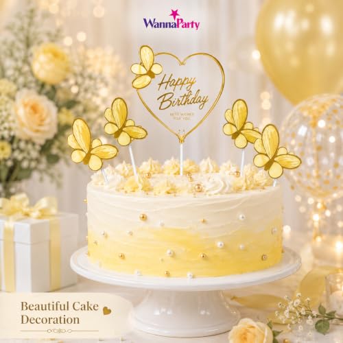 Image of Wanna Party Gold Butterfly Happy Birthday Cake Topper Set, Heart Birthday Cake Decoration with Golden Butterfly Picks for Birthday Party, Cake Decor, Dessert Table & Celebration Supplies