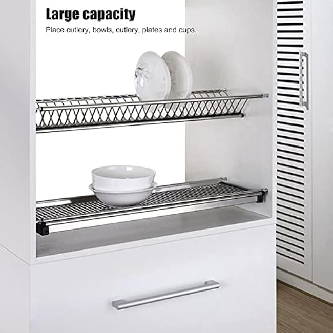 Cabinet Dish Drying Rack, Stainless Steel Dish Drainer with Drainboard,Portable Kitchen Plate Utensils Cups Draining Rack Organizer for Dishes, Fruits Vegetables(Cabinet width 60cm)