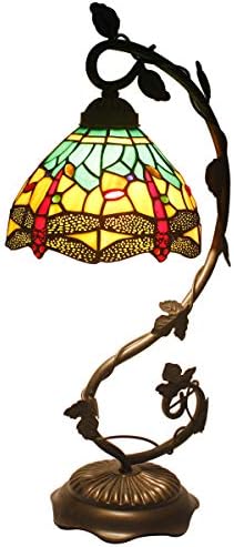 WERFACTORY Bedside Lamp Tiffany Style Stained Glass Table Lamp, Green Yellow Dragonfly Antique Banker Desk Light with 21" Tall Thin Metal Leaf Base - Bedroom Living Room Accent Hotel