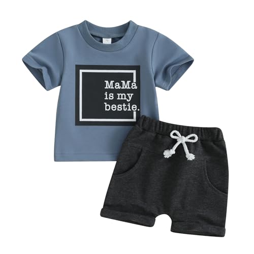 Image of FOCUSNORM Toddler Boys Summer Outfits Mamas Boy Checkerboard Short Sleeve T-Shirts Tops and Elastic Waist Shorts Clothes Sets