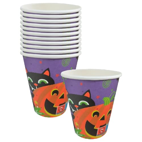 Acan Tradineur - Packs de 48 Vasos de Halloween con diseño de Calabaza y Gato - Fabricado en Papel - Ideal para Fiestas de Halloween - 270 ml - Ø 7,5 x 9 cm