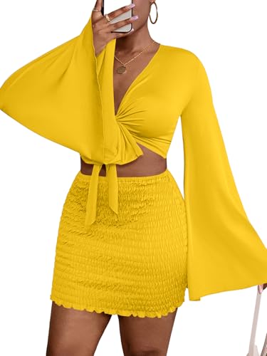 Image of LYANER Women 2 Piece Vacation Outfits Tie Knot Front Bell Long Sleeve Crop Top and Mini Skirt Summer Set