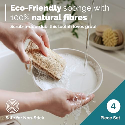 Image of Jungle Culture 4 Piece Bamboo Dish Brush Set for Washing Up • Long Lasting Wooden Dish Brush with 3 Replacement Heads & Loofah Sponge Scourer • Eco Friendly Wooden Scrub Brush for Pots, Pans & Dishes