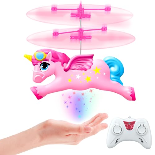 Tcvents Flying Unicorn Toys for Girls, Rc & Hand Operated Flying Ball Mini Drone with LED Lights Remote Control Helicopter Indoor for Kids Age 6-8 9 10 11 12+ Years Old