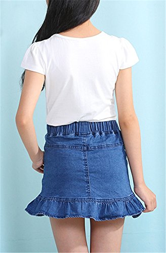 Kids Skirt, Elastic High Waist Ruffle Denim Scooter Skirt For Toddler & Big Girls, Blue, Tag Size 140 = Us 7-8Y #TOP2