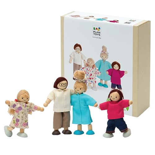 PlanToys® Wooden Dollhouse Family Set– Light Skin & Brown Hair| 4 Poseable 1:12 Scale Doll House People | Montessori Pretend Play Figurines | Eco-Friendly Sustainable Wooden Toy for Kids