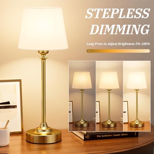 Cordless Table Lamp Rechargeable Gold - 1 Pack Brass 4000mAH Battery Operated Lamp for Decor, 3000K Stepless Dimming Touch Control Wireless Lamp for Bedroom, Dining Table, Counter, Living Room