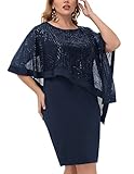Hanna Nikole Women's Bodycon Capelet Dress Plus Size Midi Dress with Sequin Cape 16 Navy Blue