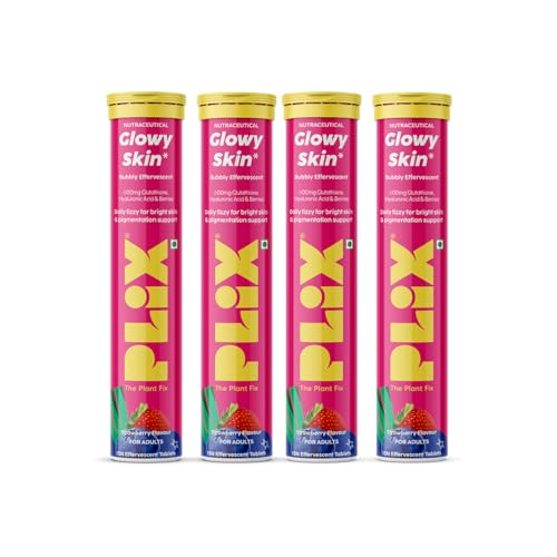 Image of The Plant Fix Plix Glutathione Effervescent Tablets for Clear, Glowing & Youthful Skin | 600mg Glutathione, Vit E & Hyaluronic Acid | No Maltodextrin, No Sugar | Strawberry (Pack of 4)