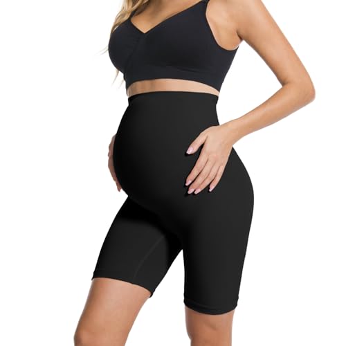 HOFISH Women's Maternity Shapewear Seamless Pregnancy Underwear for Dresses Belly Support High Waisted Panties Shorts Black L