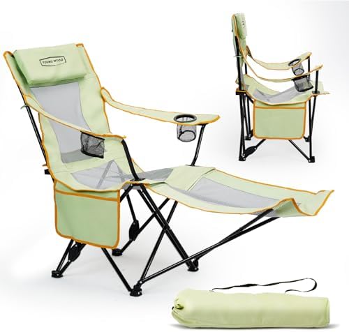 YOUNG WOOD Camping Lounge Chair, Portable Reclining Camping Chair with Foot Rest, Folding Camping Chair for Adults, Headrest & Storage Bag, Mesh Recliner with Backpack, 330lbs Weight Capacity，Green