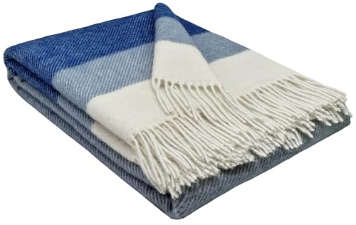 STTS International Wolldecke 100% Schurwolle Wohndecke in versch. Farben Tagesdecke Schurwolldecke Plaid 140 x 200 cm Tirol (Hellblau-Blau-Weiß (Streifen))