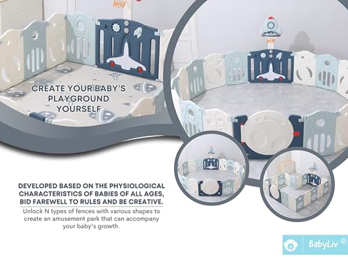 Image of 43 Sq Ft Space-Themed Baby Playpen with Soft Mat & Basketball | 18-Panel Extra Large Toddler Play Yard | Indoor /Outdoor Activity Center with Ball Pit | ISO 9001:2015 & CE | Blue-White