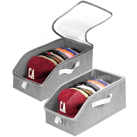 Livelab Hat Organizer for Baseball Caps, Hat Storage Holder Container for Closet Hold Up to 24 Caps with Clear Window, Hat Boxes for Home Storage | 2Pcs Grey Cover