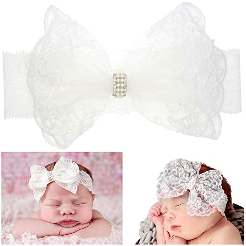Katutude Baby Lace Bow Headbands, Baby Girls Bow Knot Hairband White Lace Headwrap Newborn Baby Elastics Hair Accessories Bows Headwear for Infant Toddlers Kids, 16cm x 12cm/White2