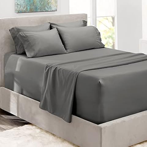 Hearth & Harbor Extra Deep Pocket Queen Sheets Sets - Fits Mattress 18-24 Inches Deep - Extra Deep Pocket Sheets - 6 Piece Queen Size - Grey Cover