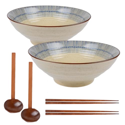 Henrrida Ceramics Ramen Bowls Set of 2 Japanese Noodle Bowl with Chopsticks and Spoon Applicable to Lamian Noodles, Spaghetti and Fruit Salad 640ml,Ramen Bowl Dishwasher Washable Microwave Safe 7 ″