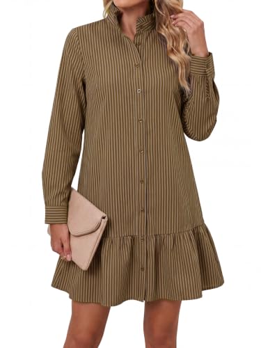 Wenrine Womens Long Sleeve Shirt Dress Casual Plaid Button Down Ruffle Loose Fit Fall Mini Dresses with Pockets Mocha Brown