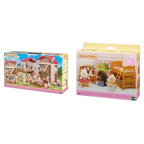 Sylvanian Families 5716 Red Roof Country Home -Secret Attic Playroom- Dollhouse Playsets & 5338 Children's Bedroom Set, Multicolor