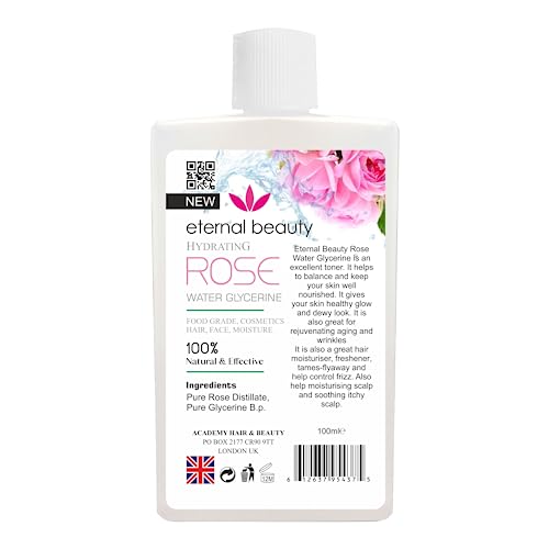 Rose Water with Glycerine – 100% Natural Extracts of Fresh Roses, Hydrating & Refreshing Facial Toner, Skin & Hair Mist – 100ml by Eternal Beauty