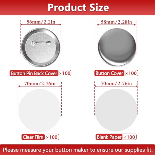 100 Sets 2.28 Inch Button Maker Supplies 58mm Button Making Supplies Blank Button Pins Metal Round Badge Button Parts Making Kit for Button Maker Machine with Metal Cover,Metal Back Pin Cover
