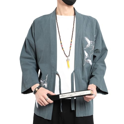 Image of Men's Japanese Kimono Cardigan Loose Cotton Linen 3 /4 Sleeve Open Front Casual Summer Shirt Jackets