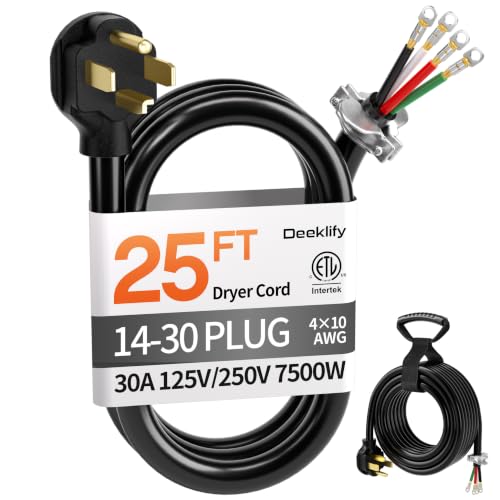 Deeklify 25FT 4 Prong Dryer Cord, Pure Copper, NEMA 14-30P Plug, ETL Listed by Deeklify - Used condition - US$47.99