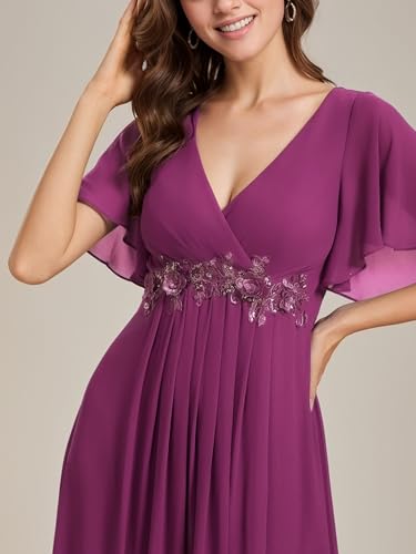 Image of Ever-Pretty Women's Spring Short Sleeve Bridesmaid Dresses V-Neck Chiffon Ruched Empire Waist Appliques Long Formal Dress