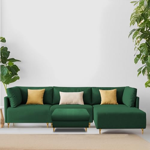 Image of Carina RHS 4 Seater L Shape Sofa Set with Center Table for Living Room (Green Fabric) Premium Fabric Sofa