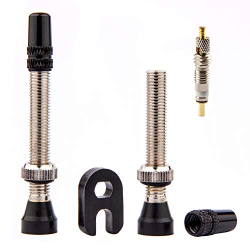 Bike Bits Tubeless Valve Stem - Brass Presta Valve Stem - Aluminum Caps - Remover Tool (Black, 44mm)