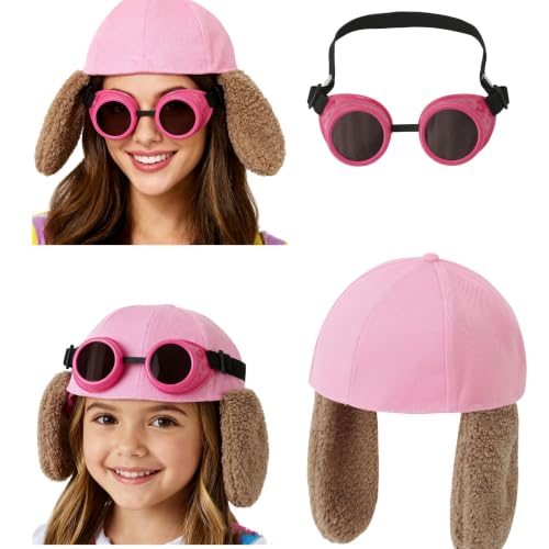 amxjxma Pink Dog Ear Aviator Hat with Goggles for Women Girls Costume Dress Up (Adult onesize)