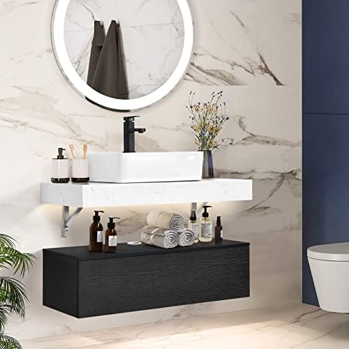 HERNEST Bathroom Vanity with Sink 40 inch Floating Vanity Bathroom Wall Mounted Bathroom Cabinet Storage Vanity Under Unit with Ceramic Basin Sink and Dresser Ceramic Slate Black Wood Grain