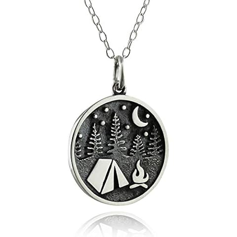 FashionJunkie4Life Sterling Silver Camping Charm Necklace with Tent Trees Campfire Moon and Stars, 18" Chain, Metal Cover
