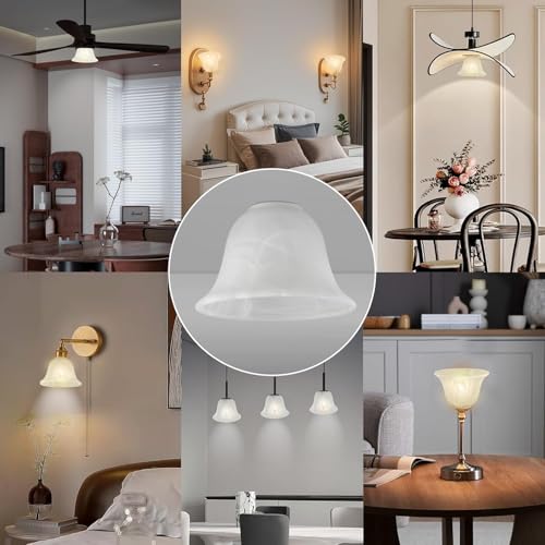 Image of Ceiling Fan Shade, Glass Shade Replacement Bell Mini Whtie Shade for Lamps, 4 Inch H x 6.3 Inch Diameter (Snowflake Plaster, 3-Pack)