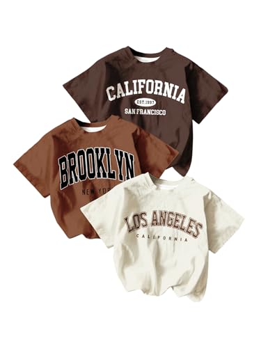 RoseSeek Girl's 3 Packs Graphic Tees Set Letter Graphic Crew