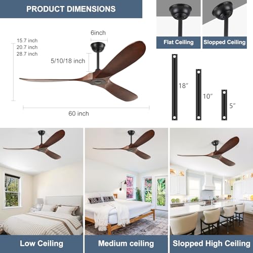 Image of 60'' Outdoor Ceiling Fans without Light,3 Solid Wood Blades with DC Silent and Large Airflow,Modern Ceiling Fan for Bedroom,Living Room,Porch (dark walnut)