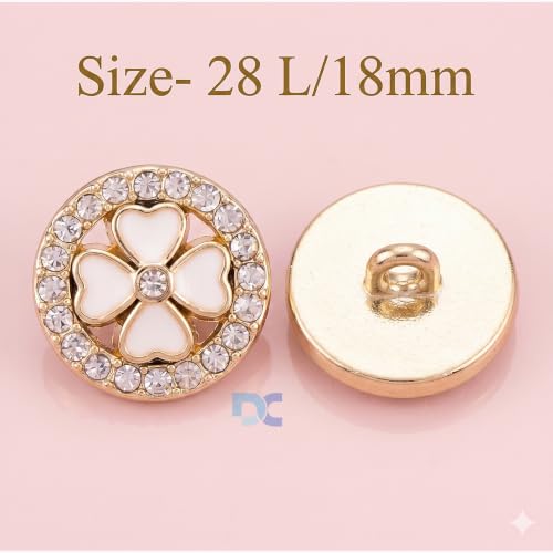 Image of Pack of 6 Round White Clover Flower Rhinestones with Golden Finish Buttons Diameter 18 mm,(28 L) Shank for Garment Clothing Accessories Fit Sewing Scrapbooking Garment DIY Decoration