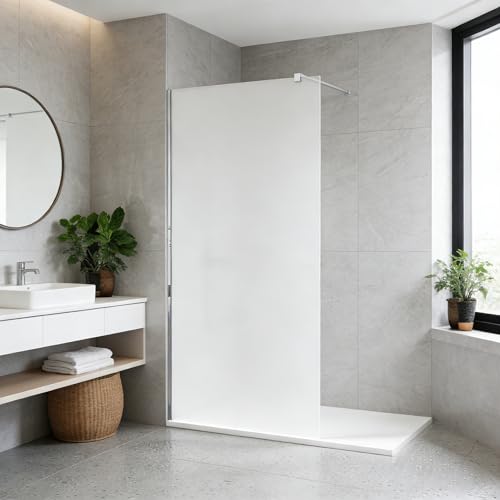Image of Walk-in Wet Room Shower Screen, 8mm Easy Clean Frosted Toughened Glass, Frameless Chrome & Silver Aluminium, Reversible & Adjustable with Support Bar, 900mm x 1900mm