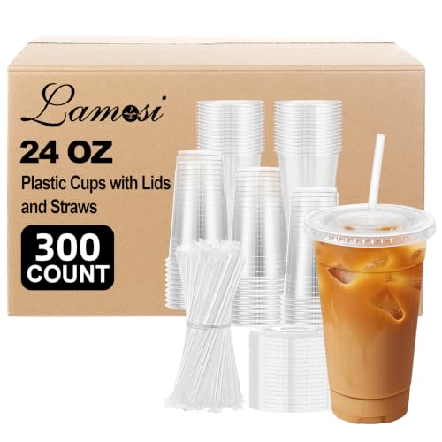Lamosi 300 Pack 24 oz Plastic Coffee Cups with Lids, Disposable Clear Cups | Iced Heavy Duty Cups with Lids and Straws for To-go Cold Drink, Tea, Soda, Slushie and Latte, Party, Travel and Cafe Use