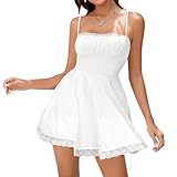 VKIHOC Summer Strap Lace Mini Dress Square Neck Ruffle A Line Swing Beach Sundress for Women 2025 White S