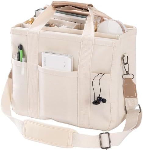JIECH Canvas Tote Bag with Multi Pockets Crossbody Tote Bag for Women Bible Handbag Everything Tote Bags with Compartments
