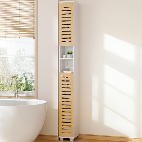 Huaneri Meuble Colonne Salle de Bain, Armoire de Rangement Étroite avec 2 portes en bambou, 2 Compartiments Ouverts, Étagères Réglables, Petits Espaces, 20...