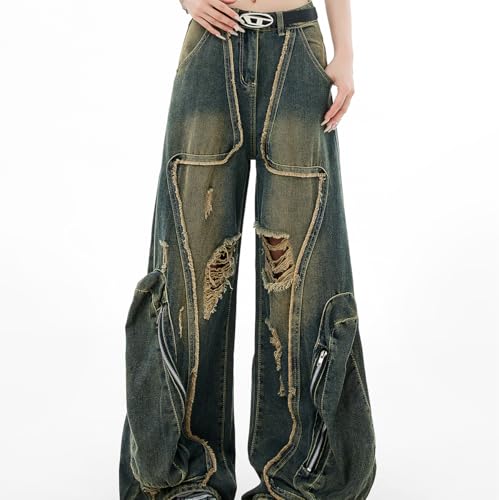 Fashion Low Rise Straight Leg Baggy Jeans for Women Casual Vintage Y2K Tie Dye Ripped Wide Leg Denim Pants2